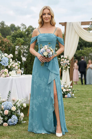 Off - the - Shoulder Floral Chiffon Ruffled Bridesmaid Dress in Adriatic Blue - SHE IS ME Bridesmaid Dresses