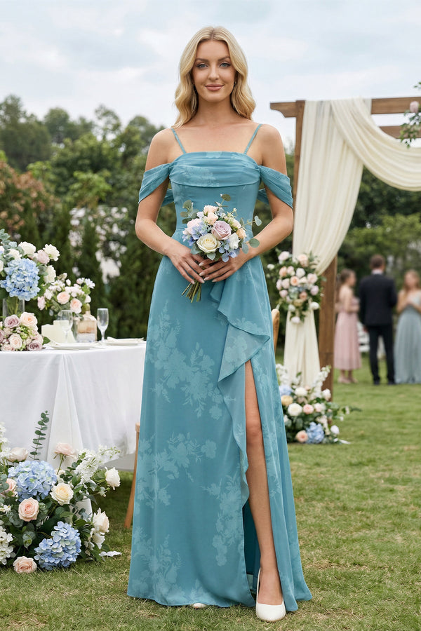 Off - the - Shoulder Floral Chiffon Ruffled Bridesmaid Dress in Adriatic Blue - SHE IS ME Bridesmaid Dresses