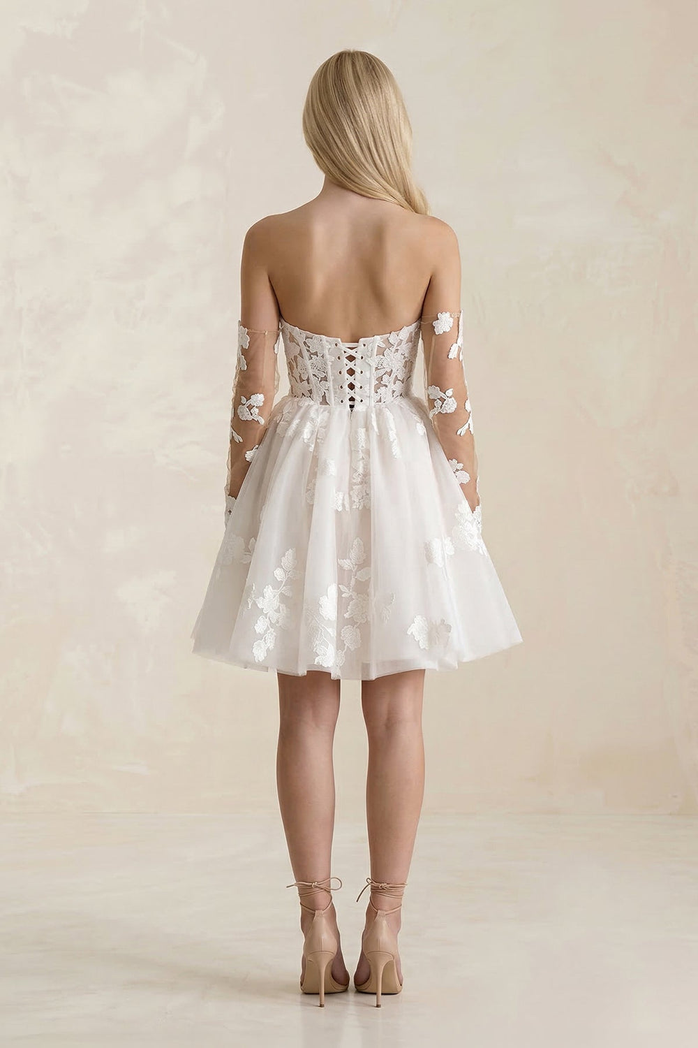 Off - the - Shoulder Flower Appliqued Tulle A - Line Mini Wedding Dress - KISS BRIDAL Wedding Dresses