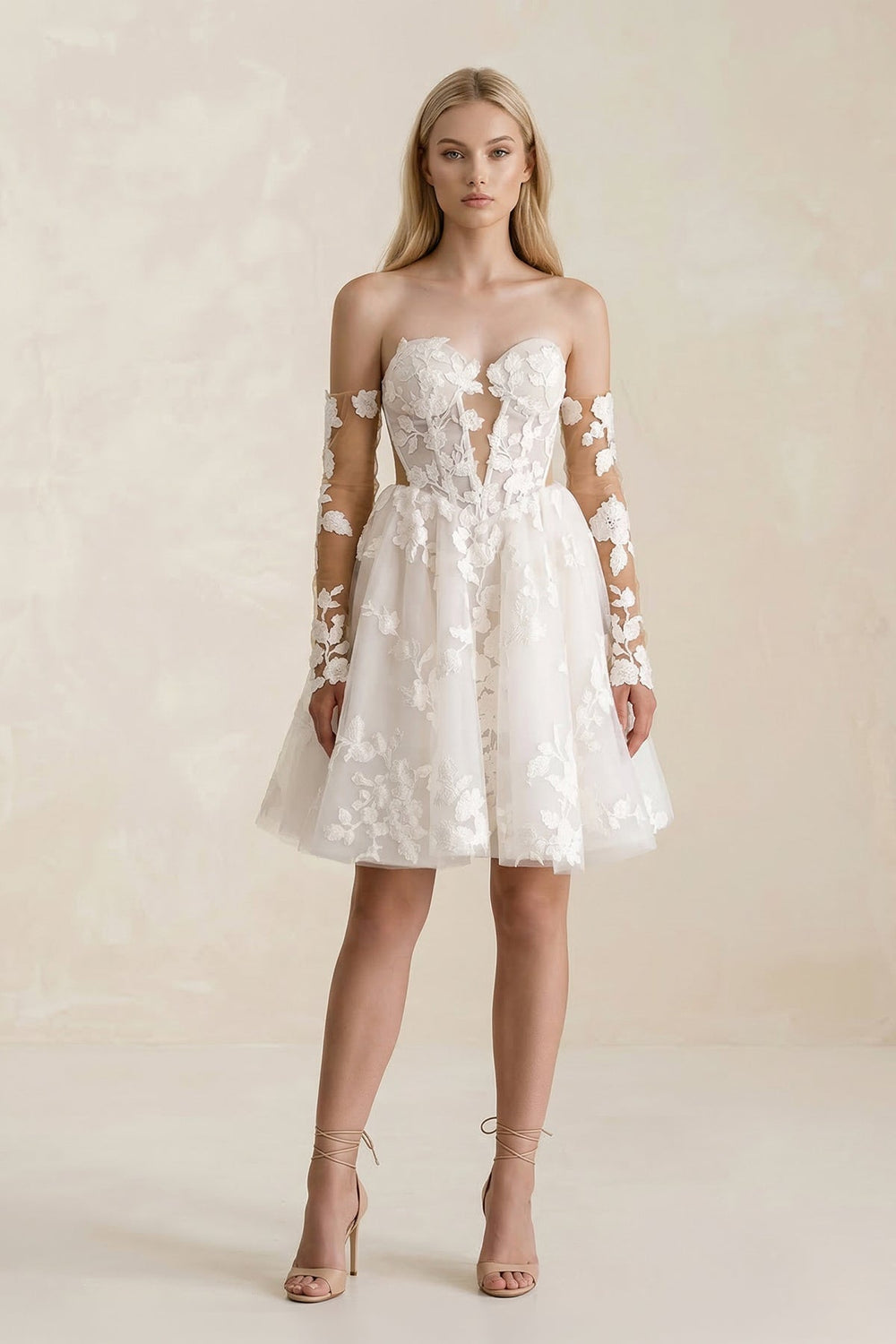 Off - the - Shoulder Flower Appliqued Tulle A - Line Mini Wedding Dress - KISS BRIDAL Wedding Dresses