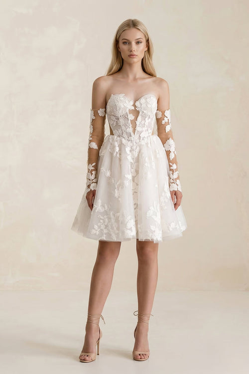 Off - the - Shoulder Flower Appliqued Tulle A - Line Mini Wedding Dress - SHE IS ME Wedding Dresses