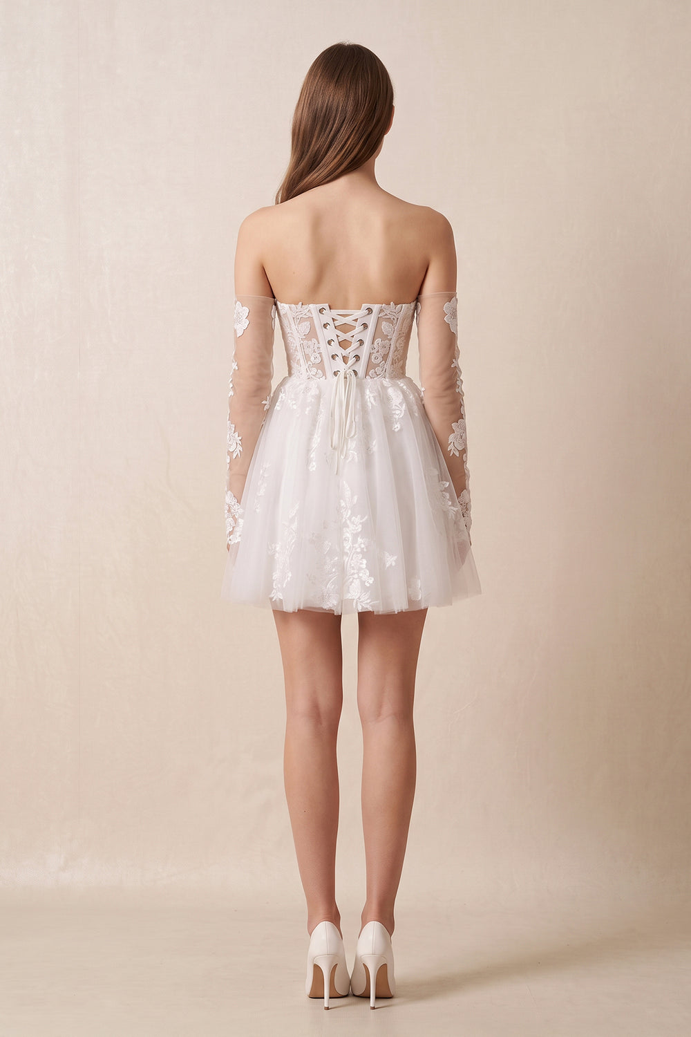 Off-the-Shoulder Flower Appliqued Tulle A-Line Mini Wedding Dress