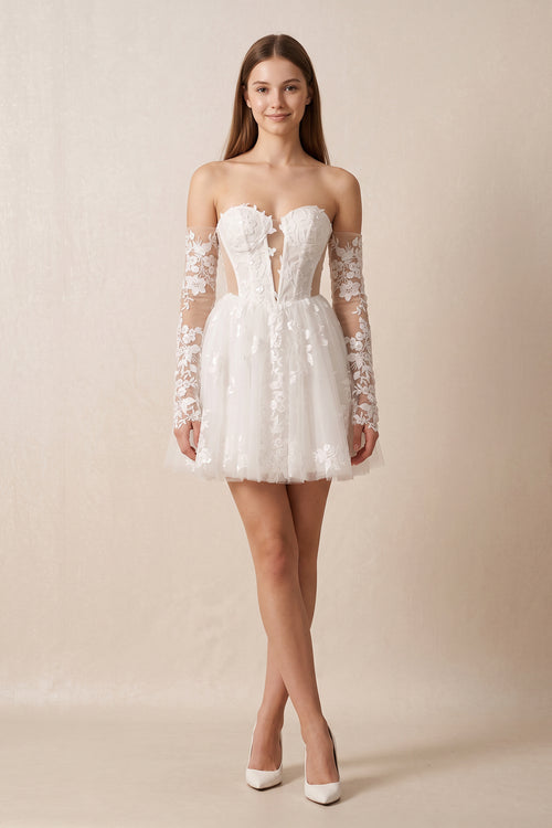 Off - the - Shoulder Flower Appliqued Tulle A - Line Mini Wedding Dress - KISS BRIDAL Wedding Dresses