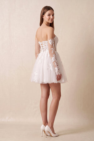 Off - the - Shoulder Flower Appliqued Tulle A - Line Mini Wedding Dress - KISS BRIDAL Wedding Dresses