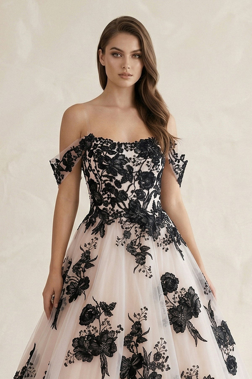Off - the - Shoulder Flower Appliqued Tulle Wedding Dress in Black and Nude - KISS BRIDAL Wedding Dresses