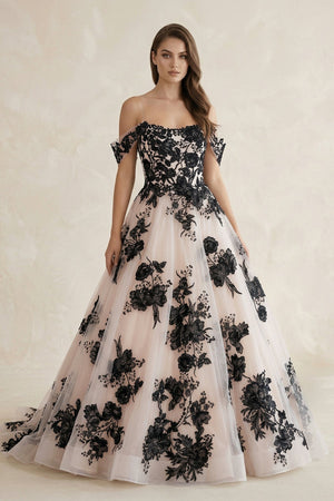 Off - the - Shoulder Flower Appliqued Tulle Wedding Dress in Black and Nude - SHE IS ME Wedding Dresses
