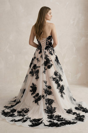 Off - the - Shoulder Flower Appliqued Tulle Wedding Dress in Black and Nude - KISS BRIDAL Wedding Dresses