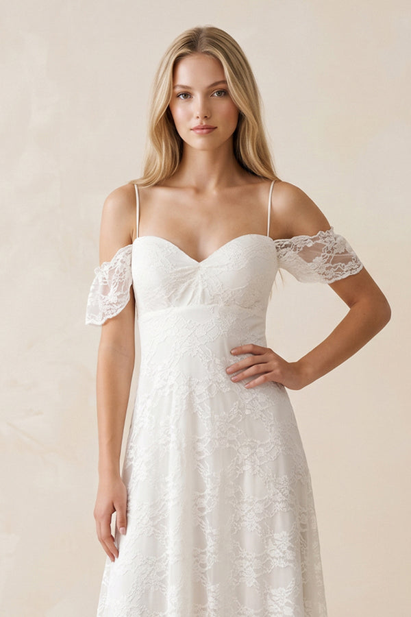 Off - the - Shoulder Lace A - Line Appliqued Wedding Dress in White - SHE IS ME Wedding Dresses