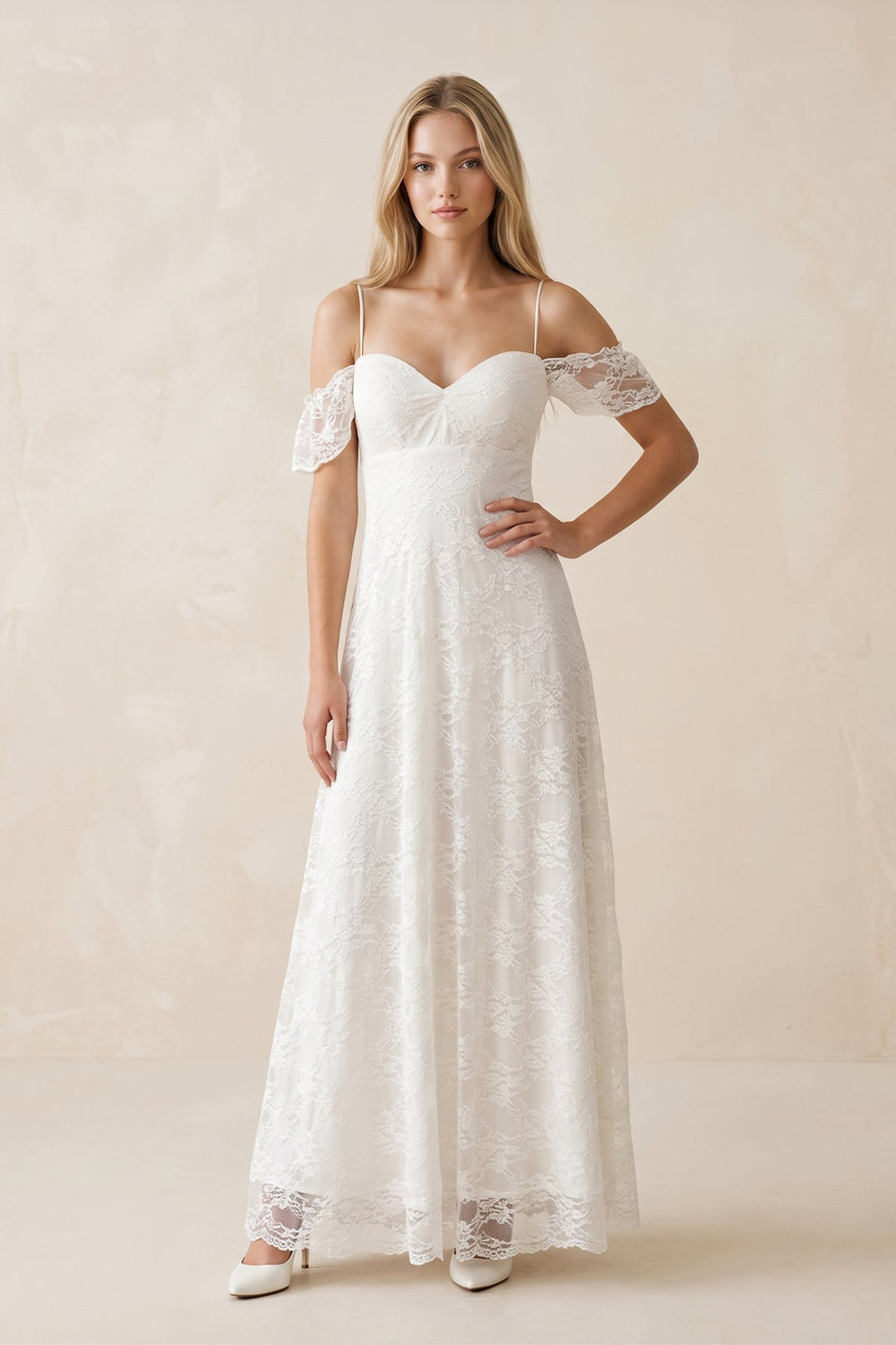 Off - the - Shoulder Lace A - Line Appliqued Wedding Dress in White - KISS BRIDAL Wedding Dresses