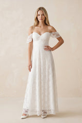 Off - the - Shoulder Lace A - Line Appliqued Wedding Dress in White - KISS BRIDAL Wedding Dresses