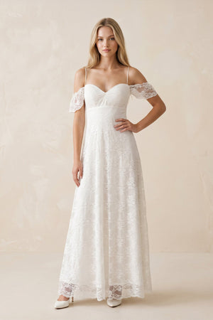 Off - the - Shoulder Lace A - Line Appliqued Wedding Dress in White - SHE IS ME Wedding Dresses