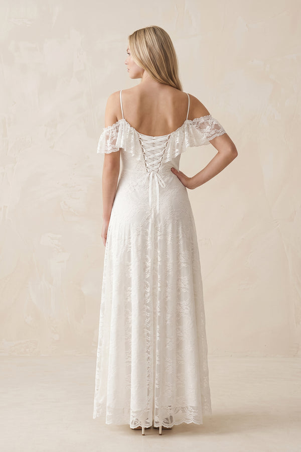 Off - the - Shoulder Lace A - Line Appliqued Wedding Dress in White - KISS BRIDAL Wedding Dresses