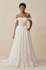 Off - the - Shoulder Lace A - Line Corset Wedding Dress in Ivory - KISS BRIDAL Wedding Dresses