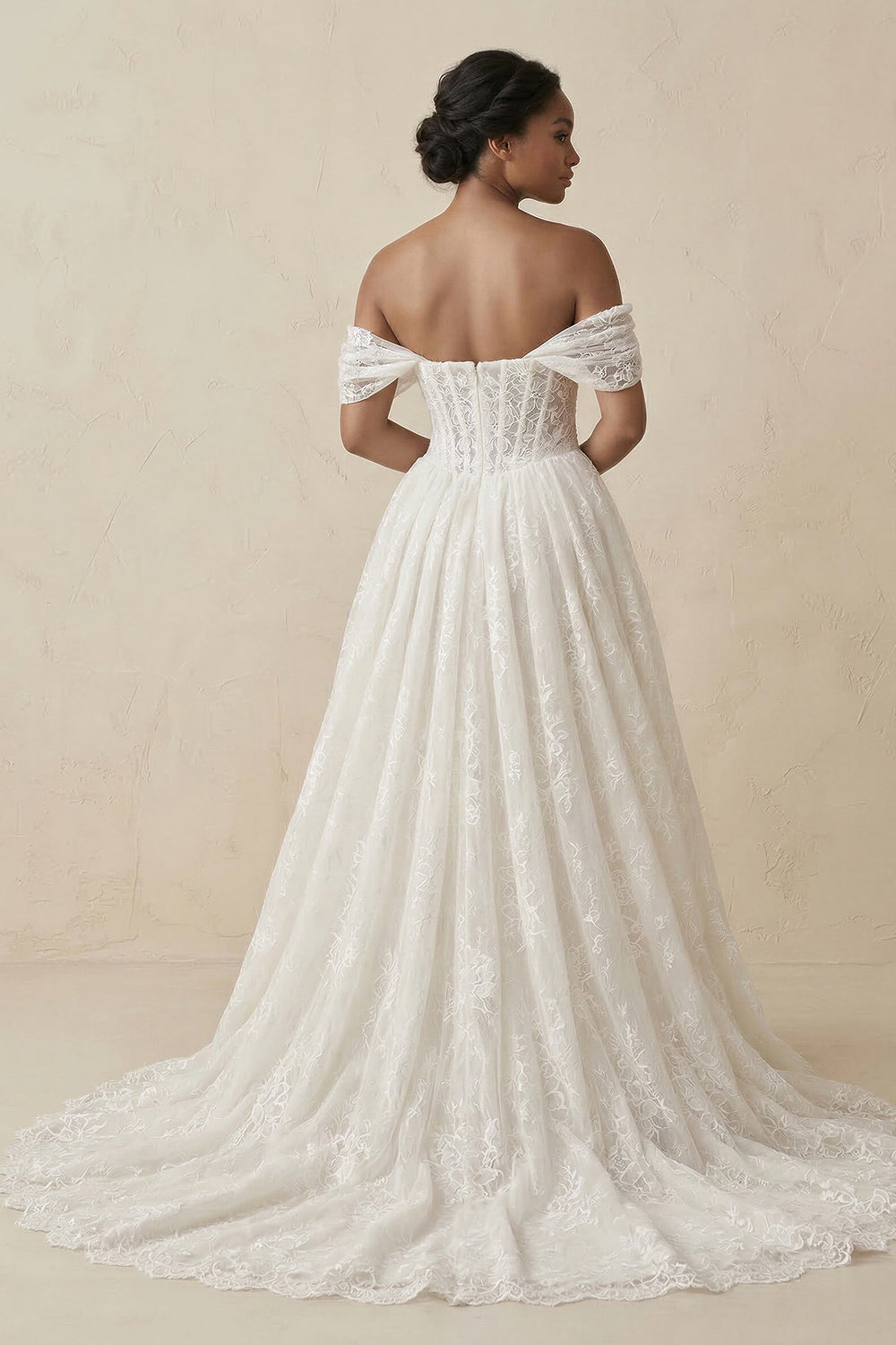 Off - the - Shoulder Lace A - Line Corset Wedding Dress in Ivory - KISS BRIDAL Wedding Dresses