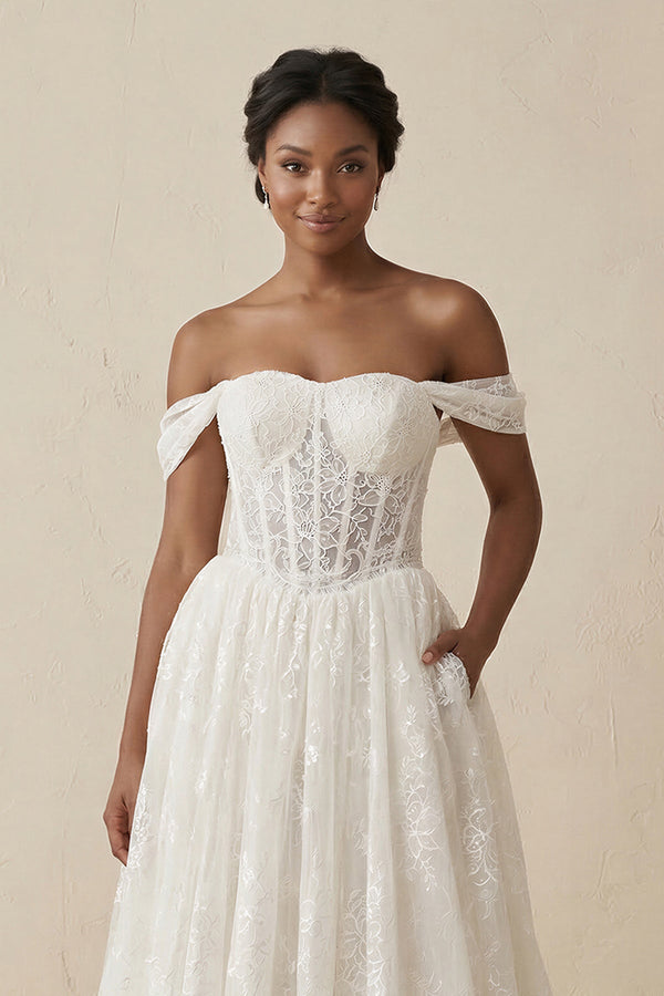 Off - the - Shoulder Lace A - Line Corset Wedding Dress in Ivory - SHE IS ME Wedding Dresses