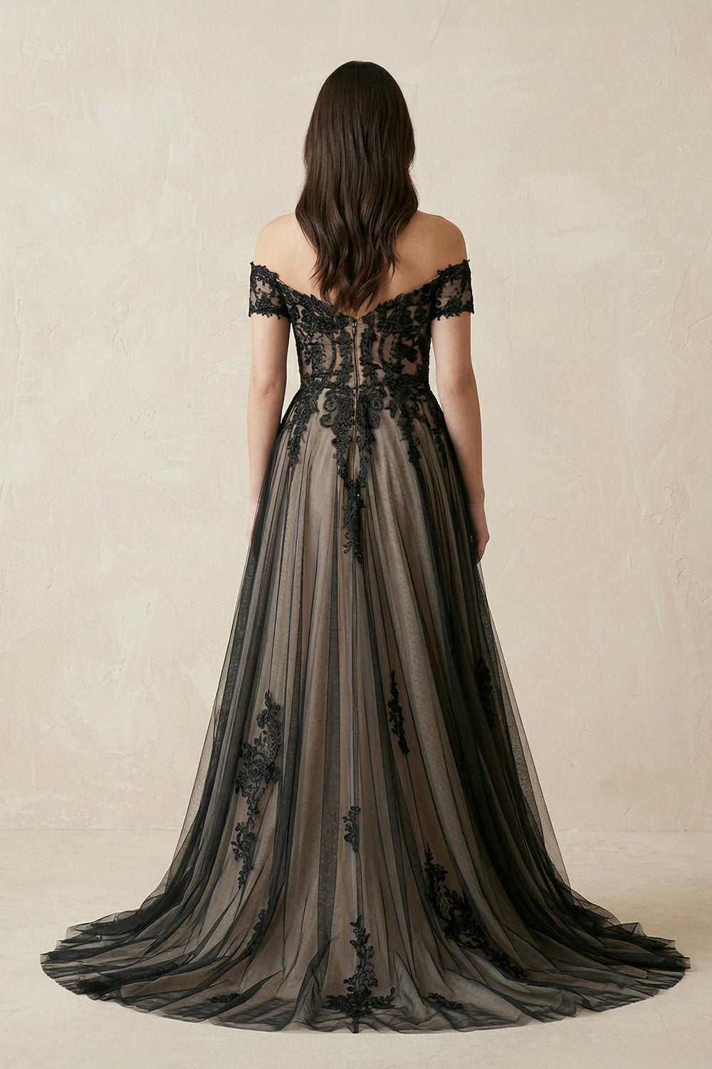 Off - the - Shoulder Lace A - Line Tulle Wedding Dress in Black - KISS BRIDAL Wedding Dresses