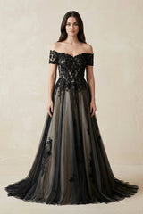 Off - the - Shoulder Lace A - Line Tulle Wedding Dress in Black - KISS BRIDAL Wedding Dresses
