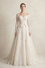 Off - the - Shoulder Lace Long Sleeve Bow Wedding Dress in Ivory - KISS BRIDAL Wedding Dresses