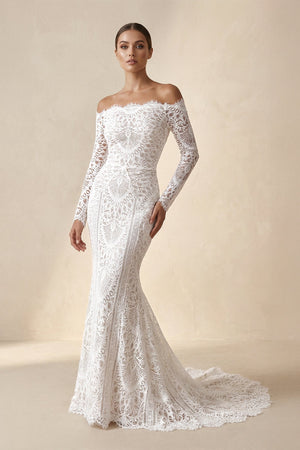 Off - the - Shoulder Lace Mermaid Wedding Dress in Ivory - SHE IS ME Wedding Dresses