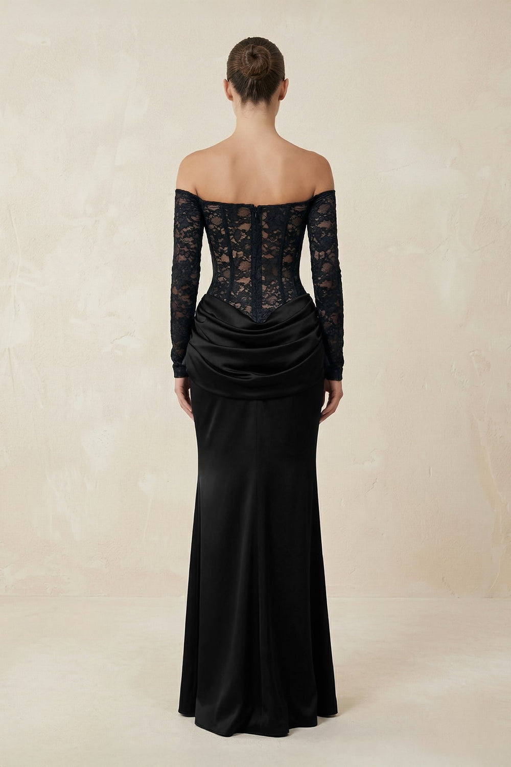 Off - the - Shoulder Lace Ruched Sheath Wedding Dress With Sleeves in Black - KISS BRIDAL Wedding Dresses