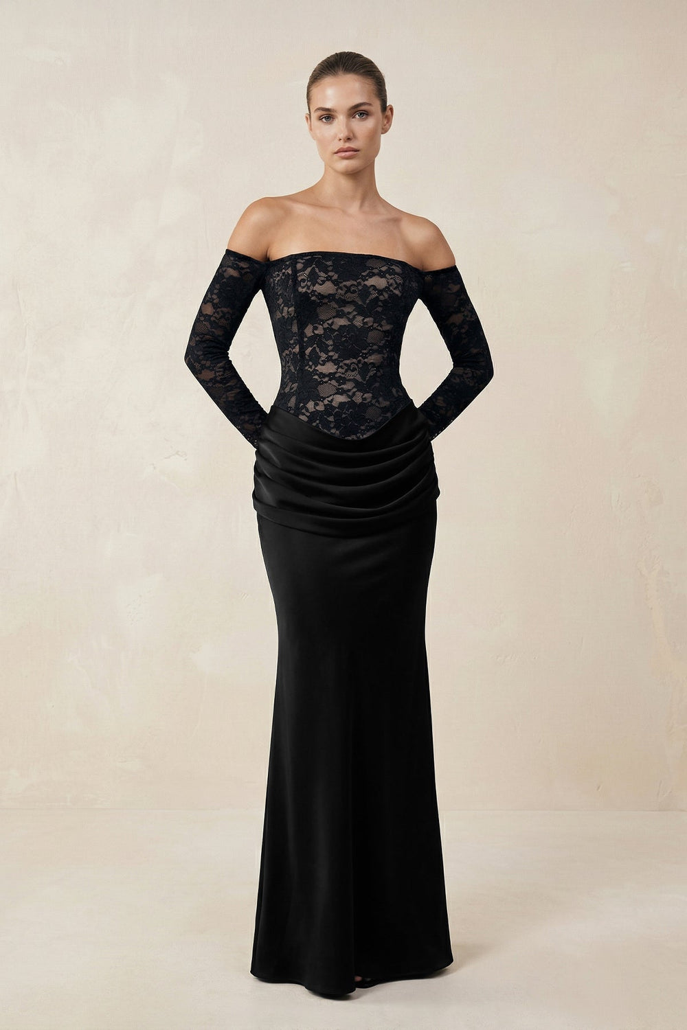 Off - the - Shoulder Lace Ruched Sheath Wedding Dress With Sleeves in Black - KISS BRIDAL Wedding Dresses