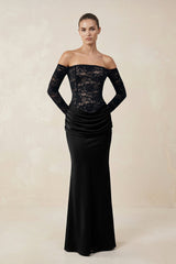 Off - the - Shoulder Lace Ruched Sheath Wedding Dress With Sleeves in Black - KISS BRIDAL Wedding Dresses