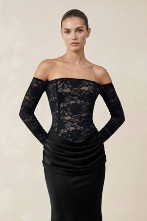 Off - the - Shoulder Lace Ruched Sheath Wedding Dress With Sleeves in Black - SHE IS ME Wedding Dresses