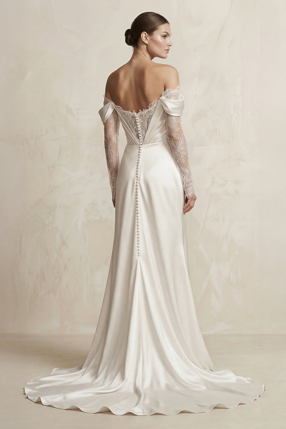 Off - the - Shoulder Lace Satin Sheath Wedding Dress With Slit in Ivory - SHE IS ME Wedding Dresses