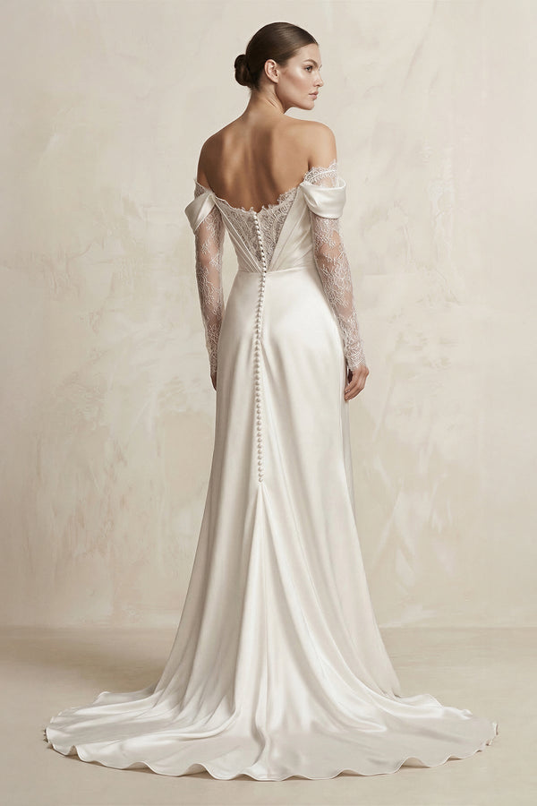 Off - the - Shoulder Lace Satin Sheath Wedding Dress With Slit in Ivory - SHE IS ME Wedding Dresses