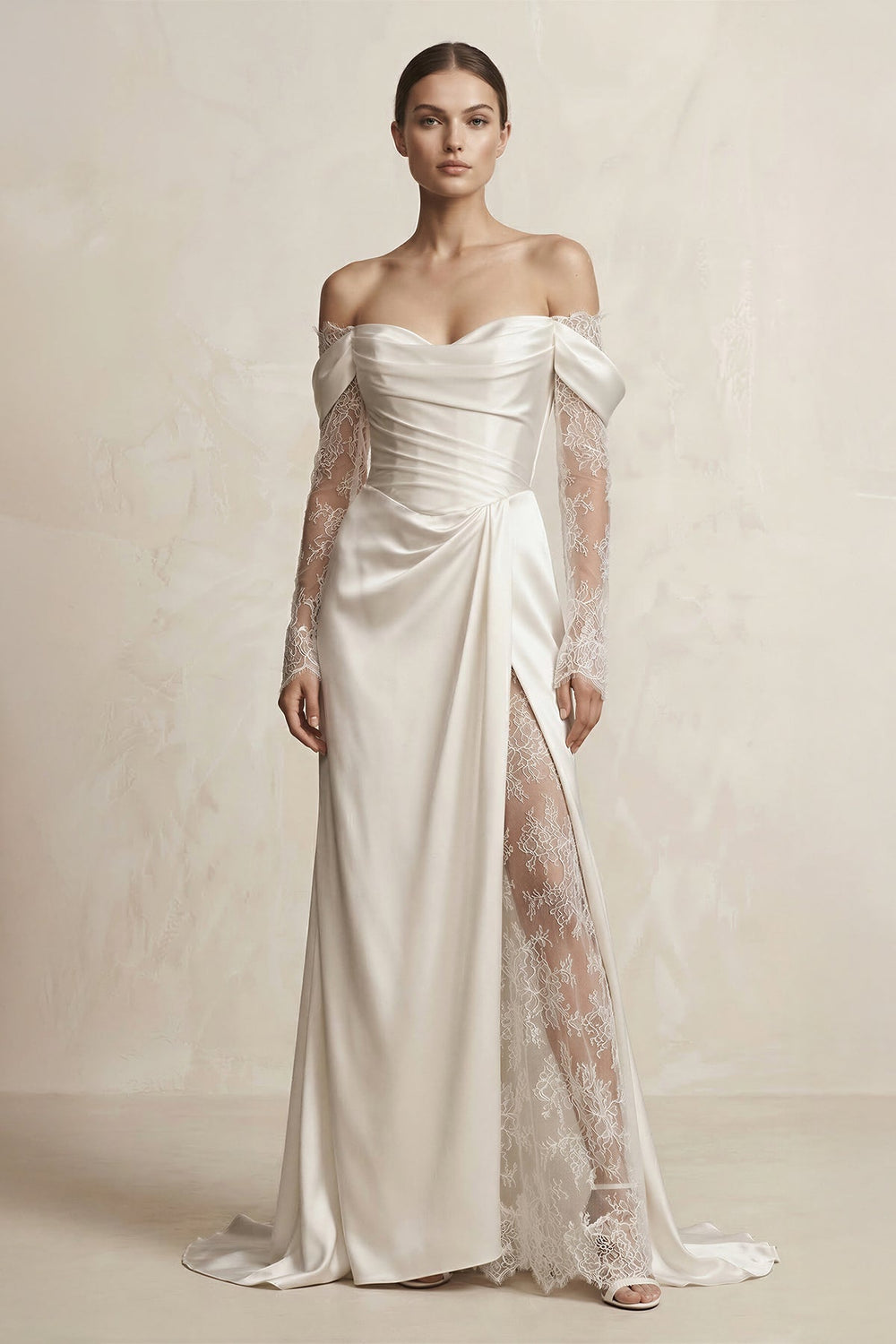 Off - the - Shoulder Lace Satin Sheath Wedding Dress With Slit in Ivory - SHE IS ME Wedding Dresses