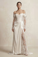 Off - the - Shoulder Lace Satin Sheath Wedding Dress With Slit in Ivory - SHE IS ME Wedding Dresses