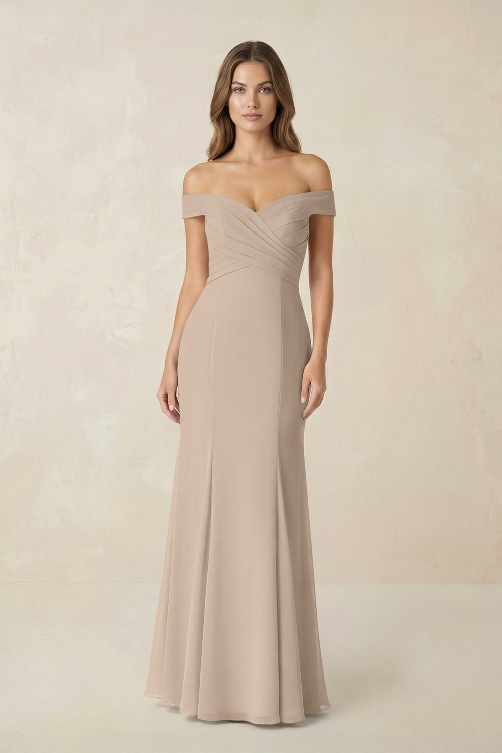 Off - the Shoulder Mermaid Chiffon Bridesmaid Dress in Almond - KISS BRIDAL Bridesmaid Dresses
