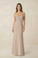 Off - the Shoulder Mermaid Chiffon Bridesmaid Dress in Almond - SHE IS ME Bridesmaid Dresses