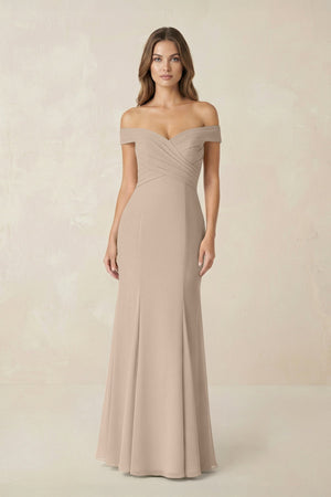 Off - the Shoulder Mermaid Chiffon Bridesmaid Dress in Almond - SHE IS ME Bridesmaid Dresses