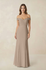 Off-the Shoulder Mermaid Chiffon Bridesmaid Dress in Almond | KISSBRIDAL