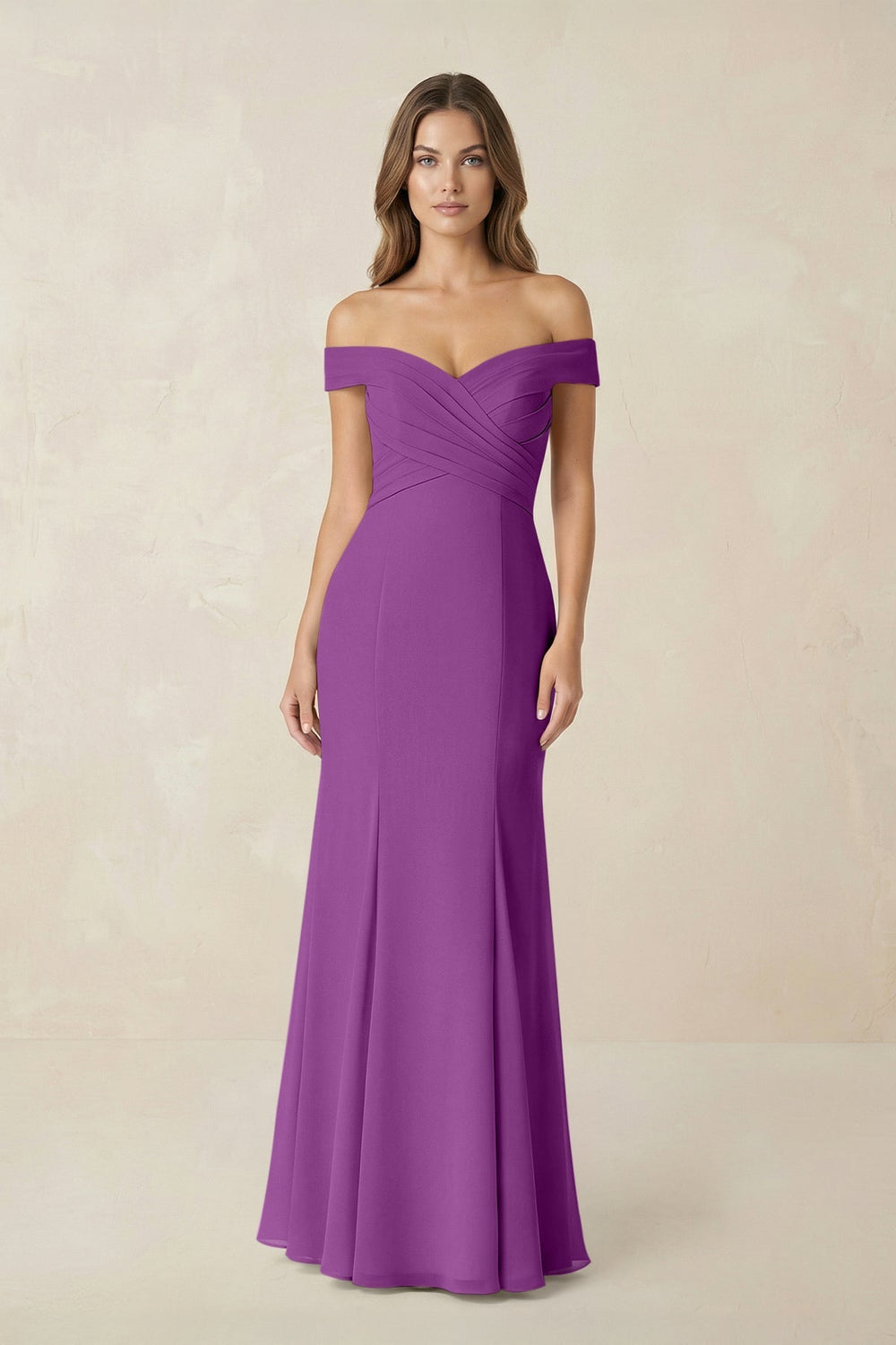 Off - the Shoulder Mermaid Chiffon Bridesmaid Dress in Amethyst - KISS BRIDAL Bridesmaid Dresses