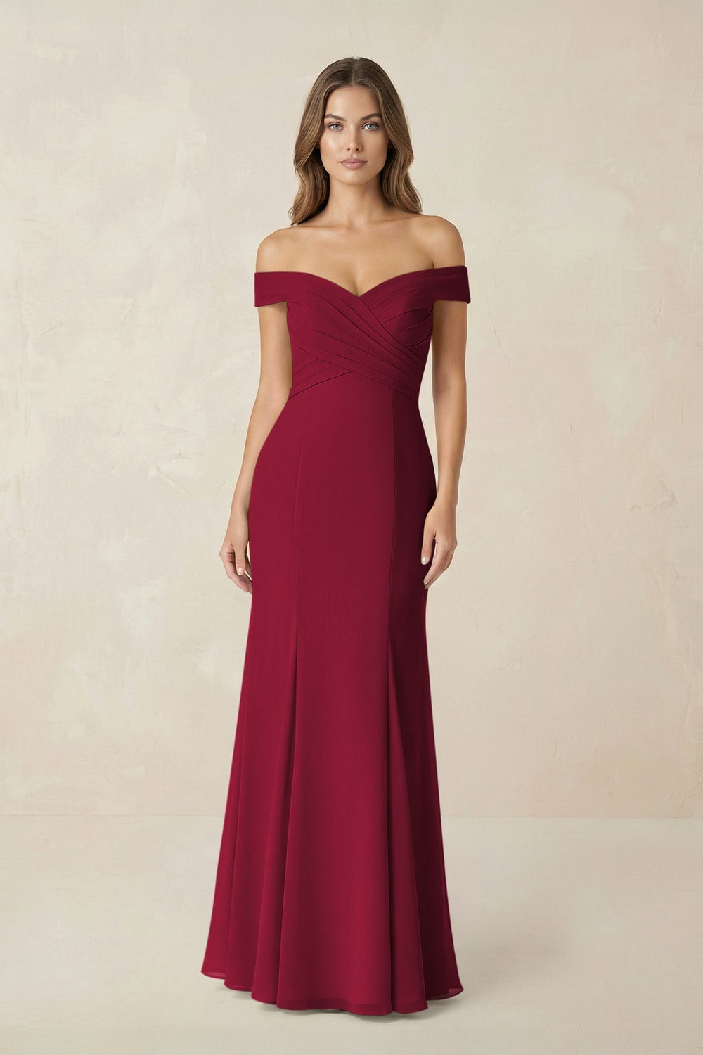 Off - the Shoulder Mermaid Chiffon Bridesmaid Dress in Berry - KISS BRIDAL Bridesmaid Dresses