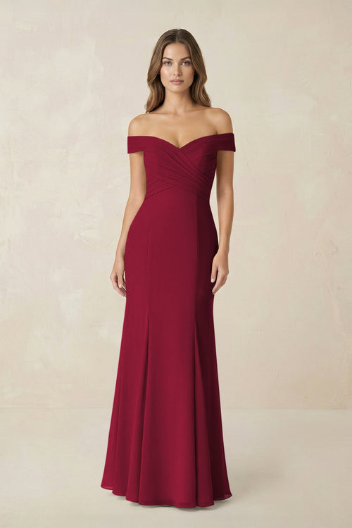 Off - the Shoulder Mermaid Chiffon Bridesmaid Dress in Berry - SHE IS ME Bridesmaid Dresses