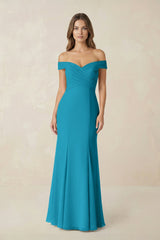 Off - the Shoulder Mermaid Chiffon Bridesmaid Dress in Blue Jay - KISS BRIDAL Bridesmaid Dresses