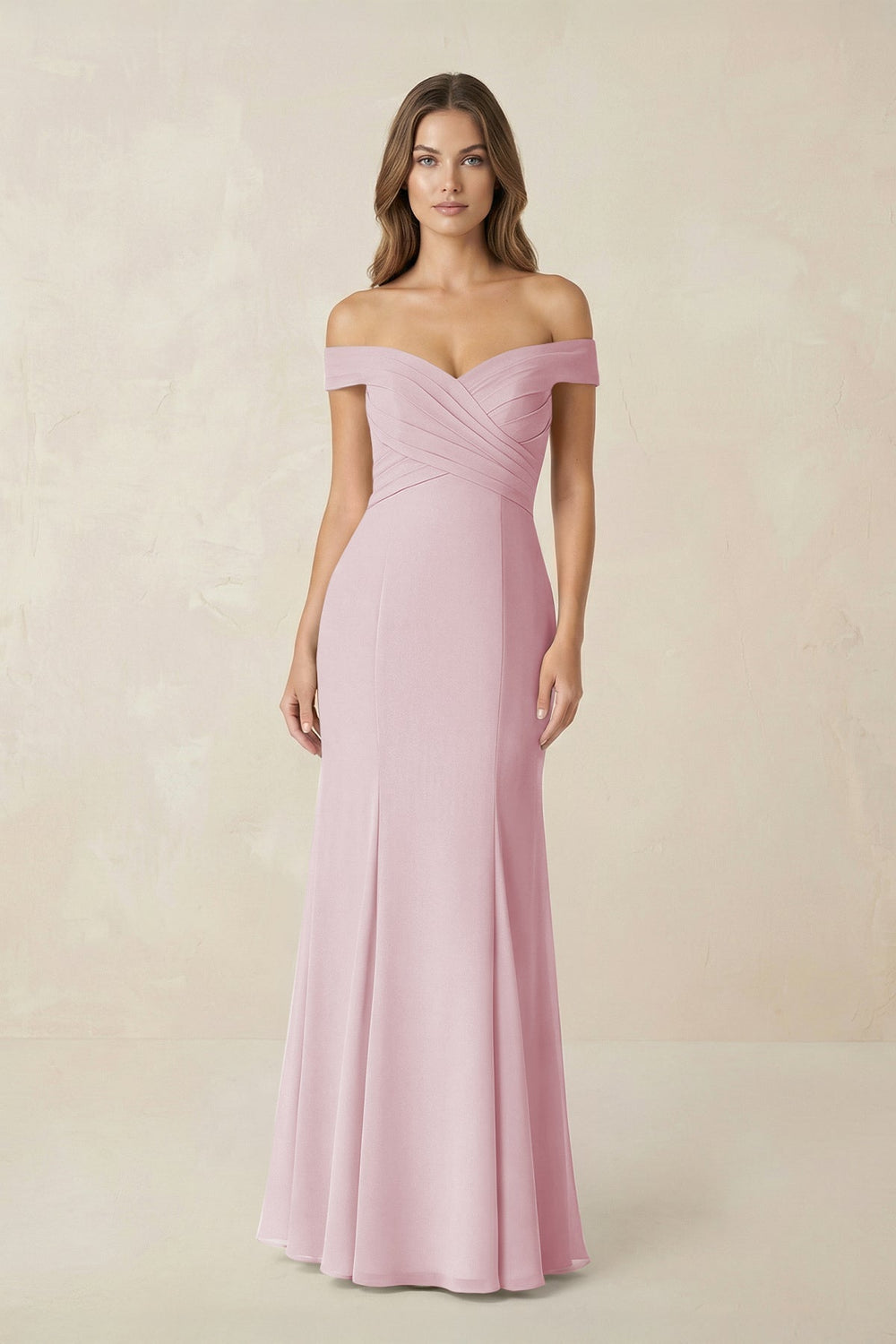 Off - the Shoulder Mermaid Chiffon Bridesmaid Dress in Candy Pink - KISS BRIDAL Bridesmaid Dresses