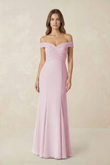 Off-the Shoulder Mermaid Chiffon Bridesmaid Dress in Candy Pink | KISSBRIDAL
