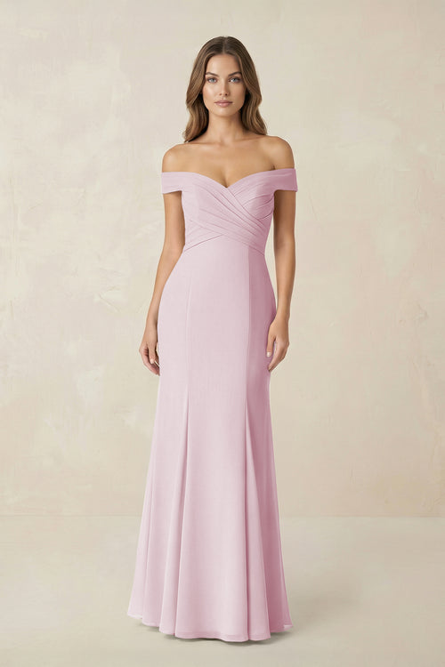 Off-the Shoulder Mermaid Chiffon Bridesmaid Dress in Candy Pink | KISSBRIDAL