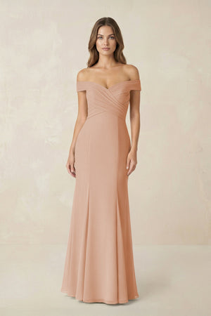 Off - the Shoulder Mermaid Chiffon Bridesmaid Dress in Champagne Rose - SHE IS ME Bridesmaid Dresses