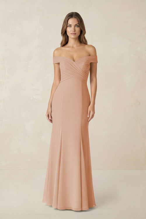 Off - the Shoulder Mermaid Chiffon Bridesmaid Dress in Champagne Rose - SHE IS ME Bridesmaid Dresses