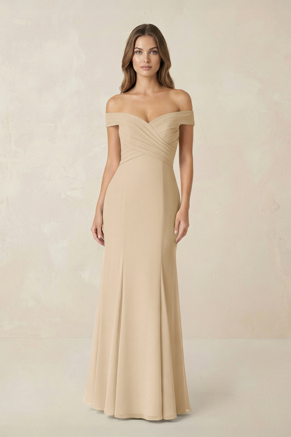 Off-the Shoulder Mermaid Chiffon Bridesmaid Dress in Champagne