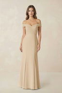 Off-the Shoulder Mermaid Chiffon Bridesmaid Dress in Champagne | KISSBRIDAL