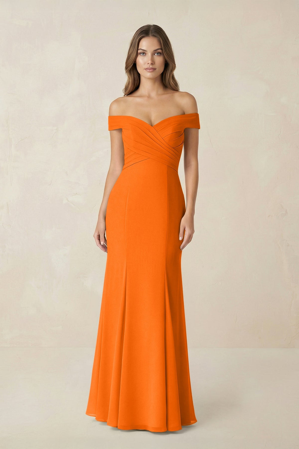 Off - the Shoulder Mermaid Chiffon Bridesmaid Dress in Cinnamon - KISS BRIDAL Bridesmaid Dresses