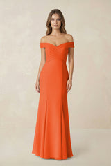 Off-the Shoulder Mermaid Chiffon Bridesmaid Dress in Cinnamon | KISSBRIDAL