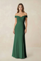 Off-the Shoulder Mermaid Chiffon Bridesmaid Dress in Dark Green | KISSBRIDAL