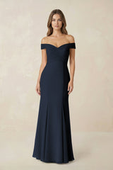 Off - the Shoulder Mermaid Chiffon Bridesmaid Dress in Dark Navy - KISS BRIDAL Bridesmaid Dresses